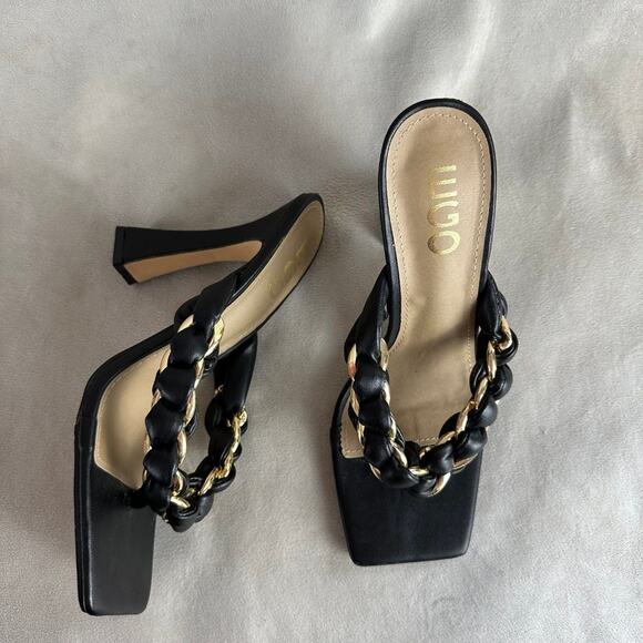 Chunky High Heels Black Braided Gold Square Toe Flare Heel Vegan Leather Size 7 - Picture 1 of 5